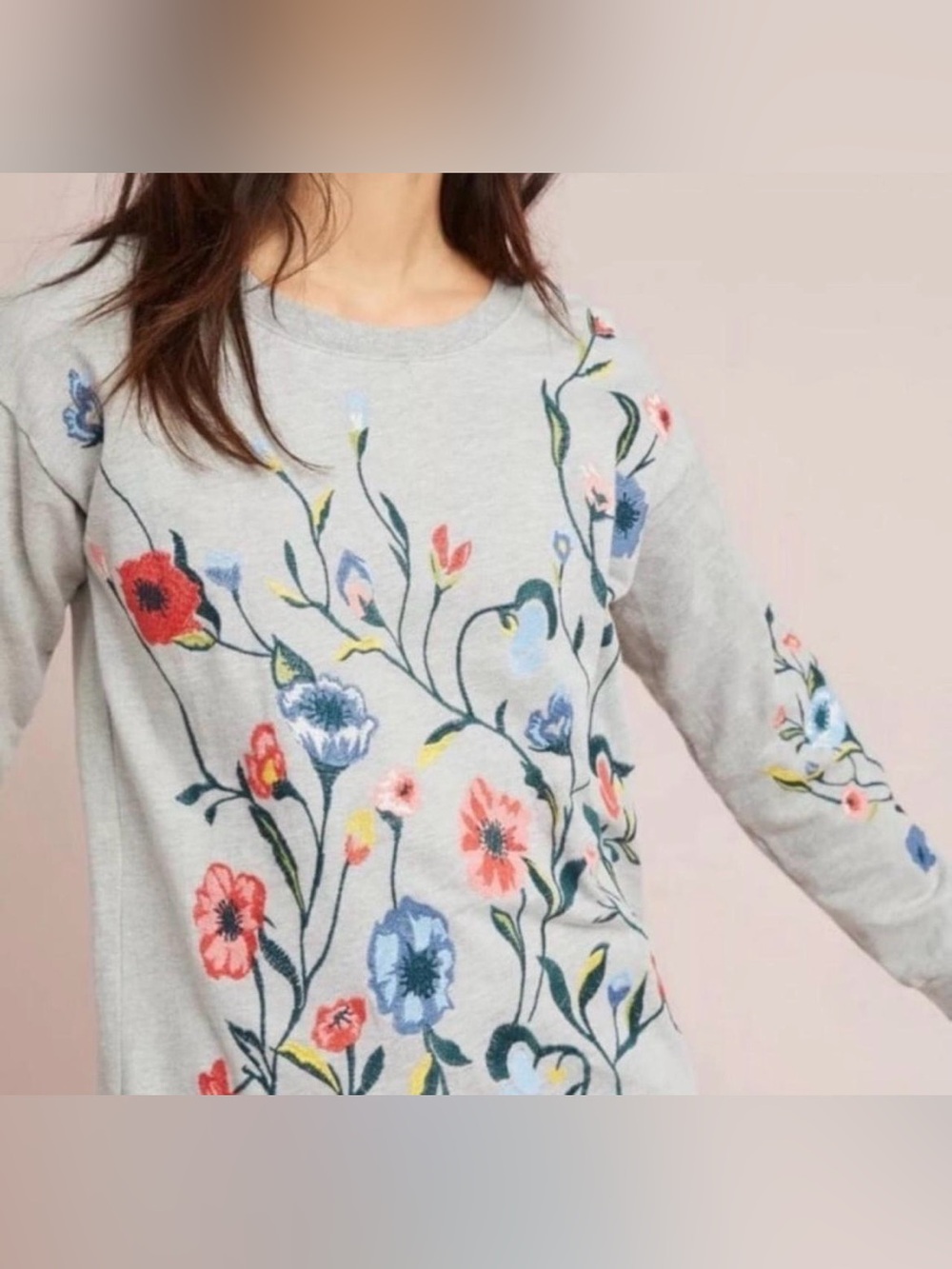 Sundry Light Gray Sweatshirt with Floral Embroidery